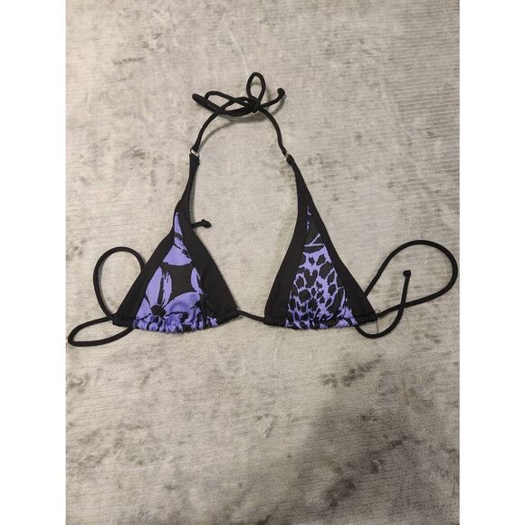 Victoria's Secret Bikini Top Size S Purle Black Leopard Floral Triangle Swim Top - Picture 1 of 3